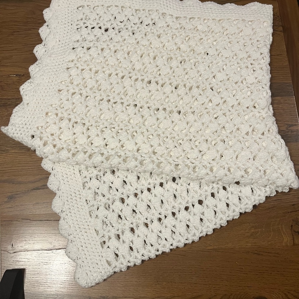 # 81- Handmade all white crocheted baby blanket
